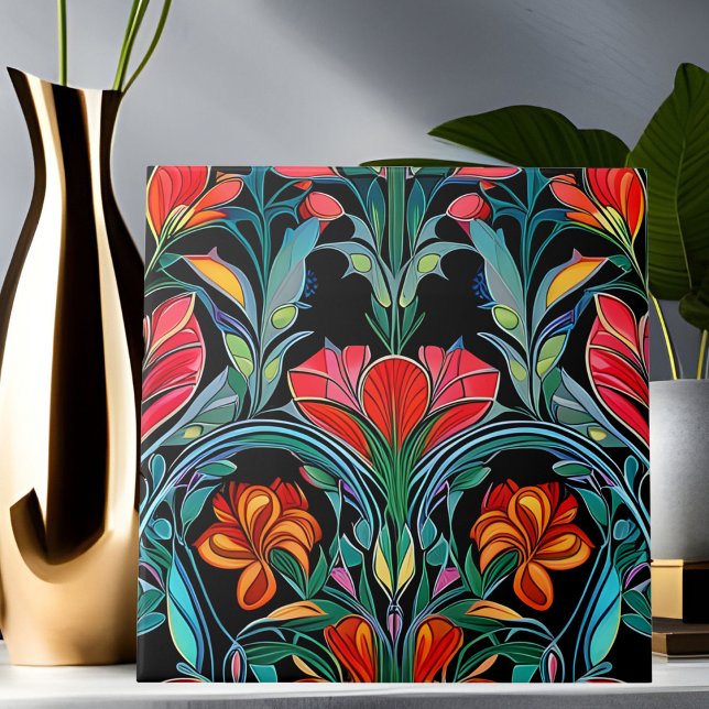 Azulejo De Cerâmica Red Flowers Art Deco Art Nouveau (Criador carregado)