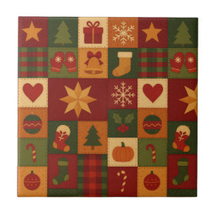 Azulejo De Cerâmica Red Green Patchwork Quilt Rustic Farmhouse Floral