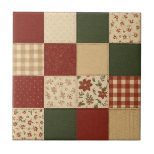 Azulejo De Cerâmica Red Green Patchwork Quilt Rustic Farmhouse Floral