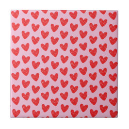 Azulejo De Cerâmica Red Hand-Drawn Doodle Hearts Pattern on Pastel Pin