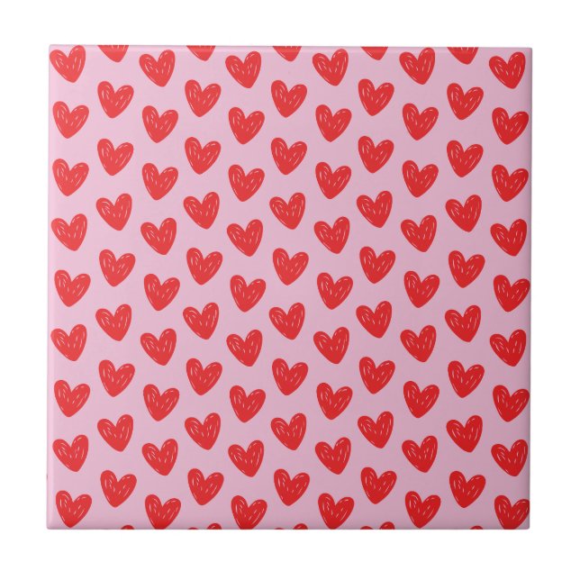 Azulejo De Cerâmica Red Hand-Drawn Doodle Hearts Pattern on Pastel Pin (Frente)
