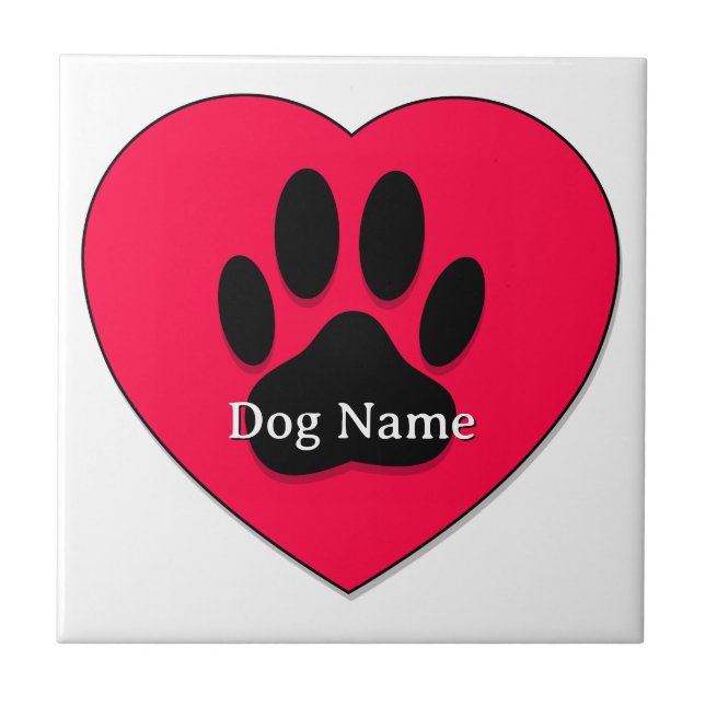 Azulejo De Cerâmica Red Heart With Dog Paw Print Custom Name (Frente)