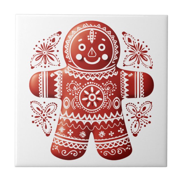 Azulejo De Cerâmica Red Holiday Gingerbird Man Scandinavian Folart (Frente)