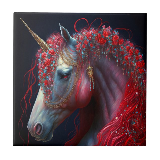 Azulejo De Cerâmica Red Jeweled Unicorn Fantasy Art (Frente)