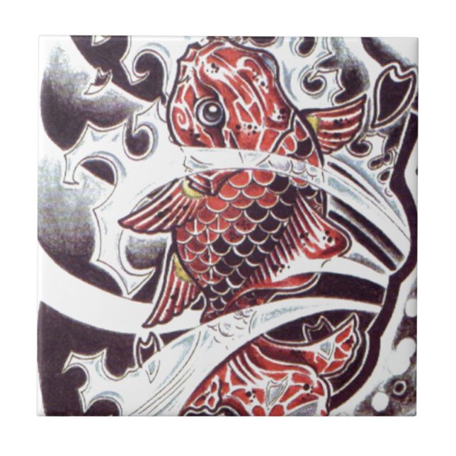 Azulejo De Cerâmica Red Koi Tattoo Design (Frente)