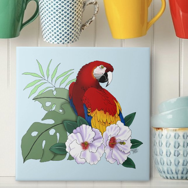 Azulejo De Cerâmica Red Macaw Tropical Bird Floral Parrot (Criador carregado)