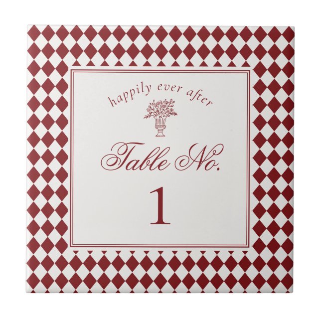 Azulejo De Cerâmica Red Merlot Harlequin Checker Wedding Table Number (Frente)