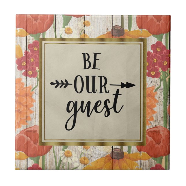 Azulejo De Cerâmica Red Orange Floral Wood Seja Nosso Convidado (Frente)