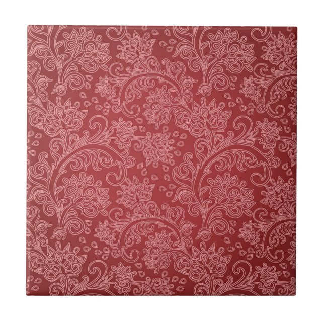 Azulejo De Cerâmica Red Paisley Damask Designer Floral Classic (Frente)