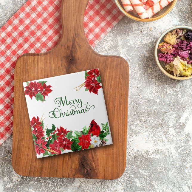 Azulejo De Cerâmica Red Poinsettia Cardinal Natal (Criador carregado)