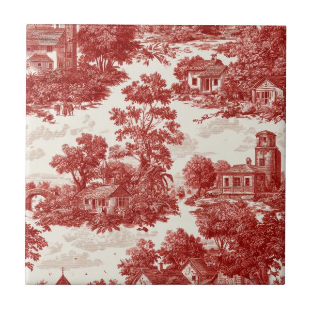Azulejo De Cerâmica Red Toile Countryside Scene (8) (Frente)