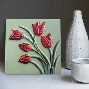 Azulejo De Cerâmica Red Tulip Wall Decor Art Nouveau Art Deco Cerâmica