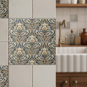 Azulejo De Cerâmica Redemoinhos de Acanto Barroco Pat#3 Azul Dourado I