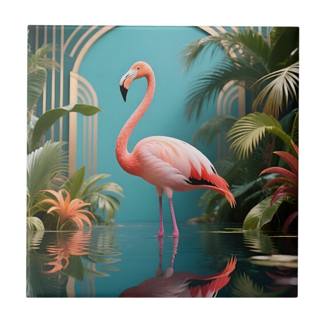 Azulejo De Cerâmica Reflexão Tropical do Flamingo (Frente)