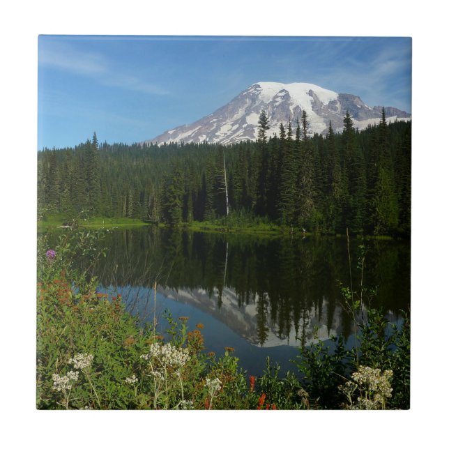 Azulejo De Cerâmica Reflexo do Lago Monte Rainier com Flores Silvestre (Frente)