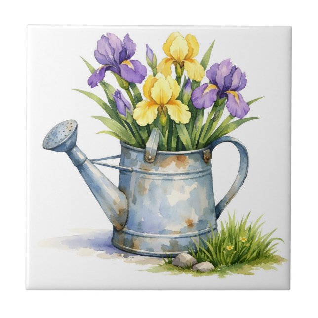 Azulejo De Cerâmica Regador de Aquarela com Flores de Íris (Frente)