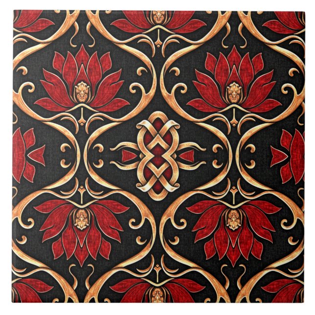 Azulejo De Cerâmica Regal Red Lotus & Golden Filigree Pattern (Frente)