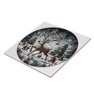 Azulejo De Cerâmica Reindeer dança numa terra maravilhosa de inverno