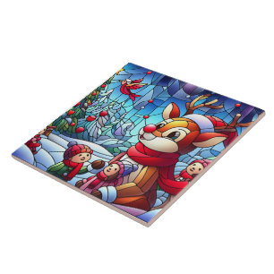 Azulejo De Cerâmica Reindeer e crianças na alegria do inverno!