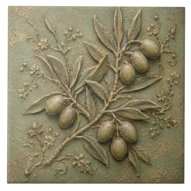 Azulejo De Cerâmica Relevo Falso Botânico de Oliveira Rústica (Frente)