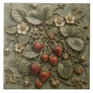 Azulejo De Cerâmica Relevo Falso Botânico de Planta de Morango Antigo