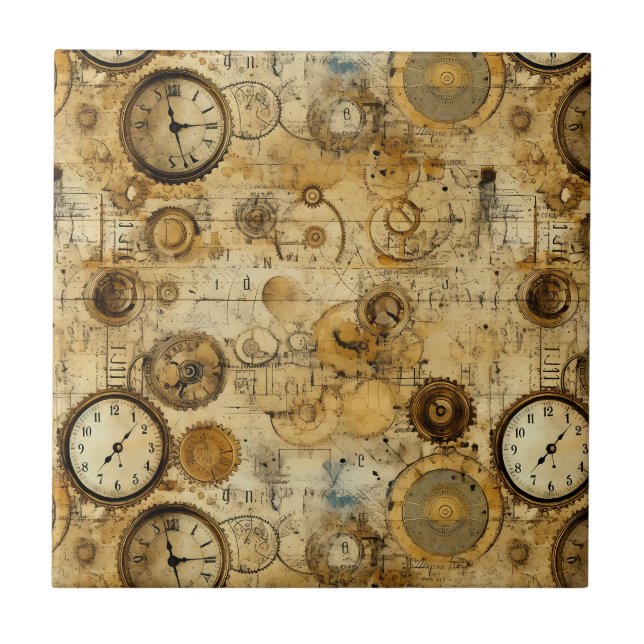 Azulejo De Cerâmica Relógio de Tempo Industrial Steampunk Sépia Latão (Frente)