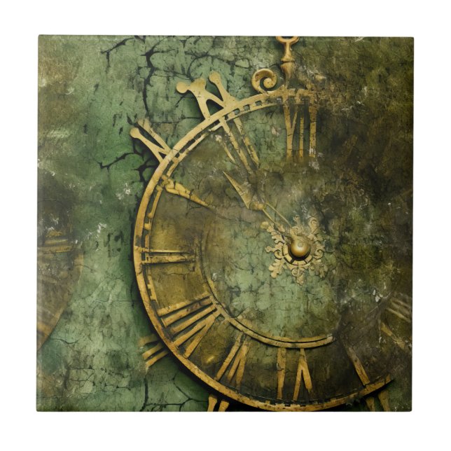 Azulejo De Cerâmica Relógio Emerald Green Rustic Steampunk (12) (Frente)