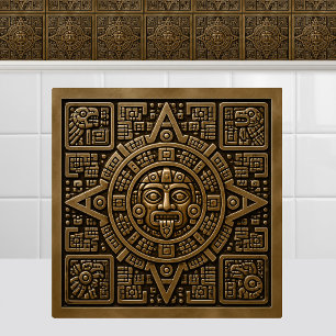 Azulejo De Cerâmica Relógio Maia Glifo Histórico Metal Bronze Antigo
