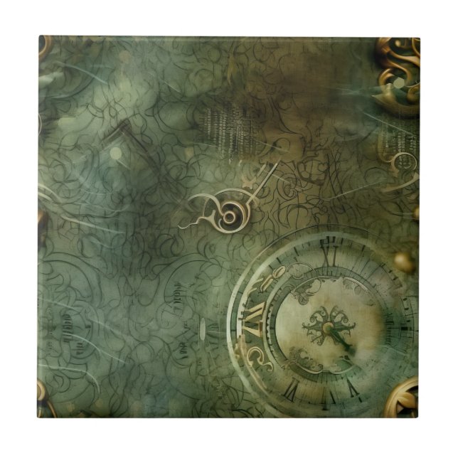 Azulejo De Cerâmica Relógio Russo Emerald Green Steampunk (5) (Frente)
