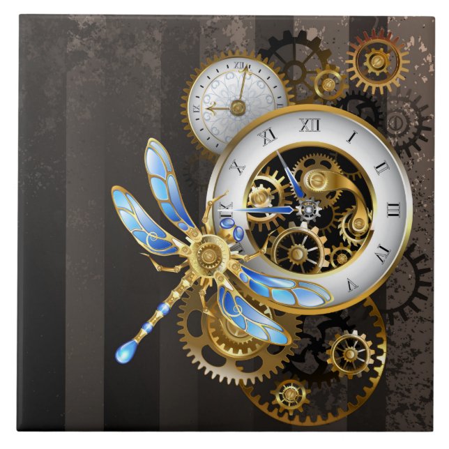 Azulejo De Cerâmica Relógio Steampunk com Dragonfly Mecânica (Frente)