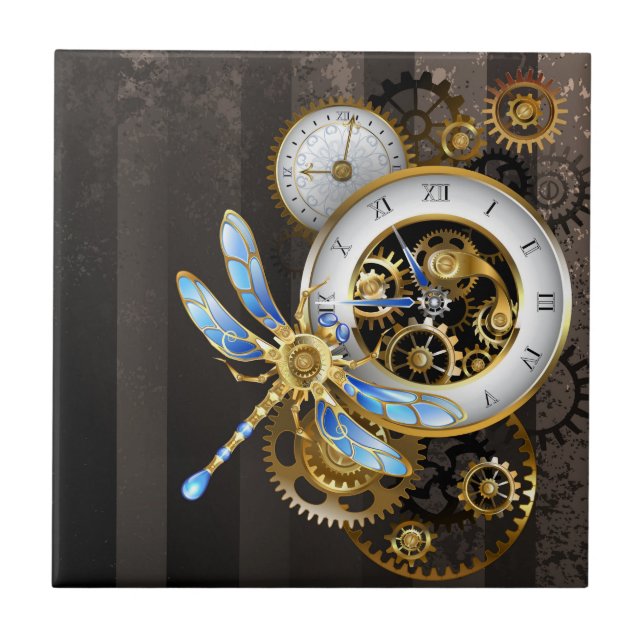 Azulejo De Cerâmica Relógio Steampunk com Dragonfly Mecânica (Frente)