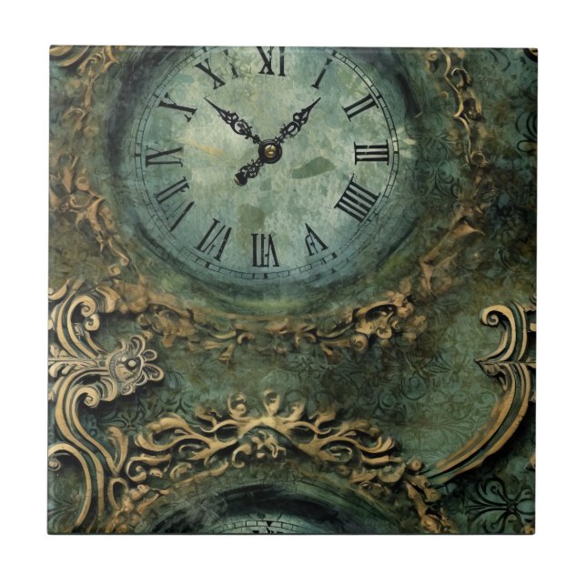 Azulejo De Cerâmica Relógio Steampunk Rústico Verde Esmeralda (Frente)