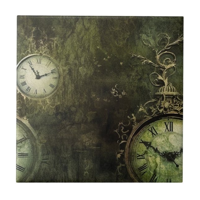 Azulejo De Cerâmica Relógio Steampunk Rústico Verde Esmeralda (9) (Frente)