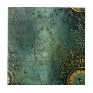 Azulejo De Cerâmica Relógio Steampunk Vintage Esmeralda Escura
