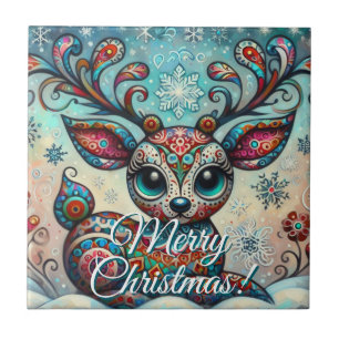 Azulejo De Cerâmica Rena de Natal de Olhos Grandes Arte Folclórica Per