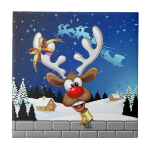 Azulejo De Cerâmica Rena Fofa Espiando Meme de Natal