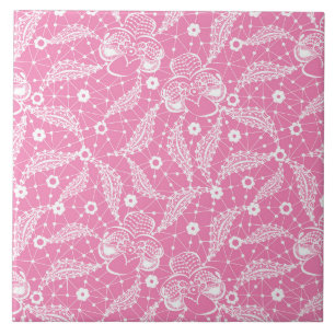 Azulejo De Cerâmica Renda floral branca sobre fundo rosa