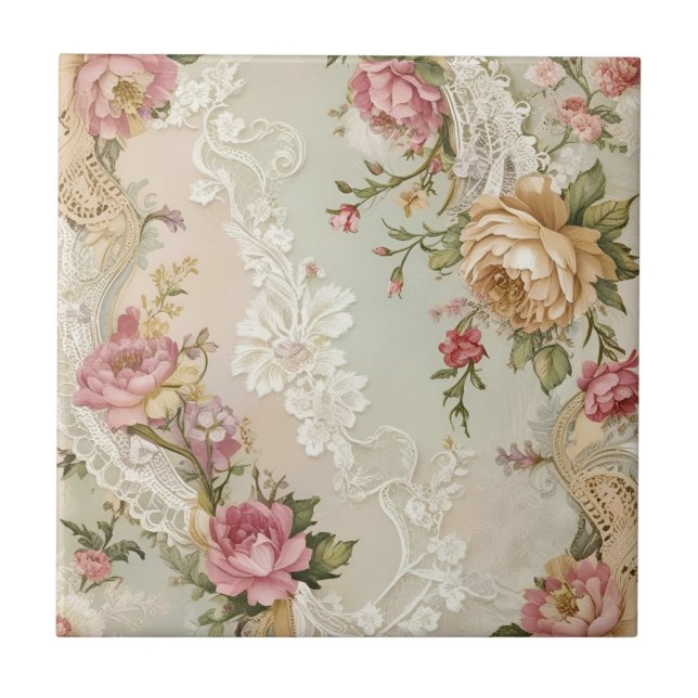 Azulejo De Cerâmica Rendas e Rosas Vintage (Frente)