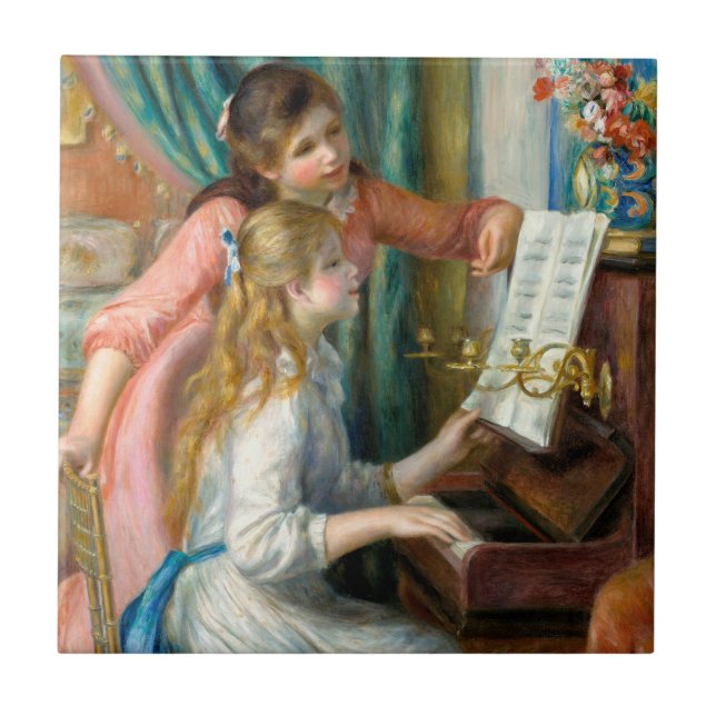 Azulejo De Cerâmica Renoir Girls no Piano Impressionismo Pintura (Frente)