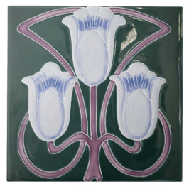 Azulejo De Cerâmica Réplica Arte Nova Eduardiana Tulipa Floral Verde-á
