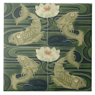 Azulejo De Cerâmica Réplica de Arte Novo Alemão Jugendstil Peixe de La