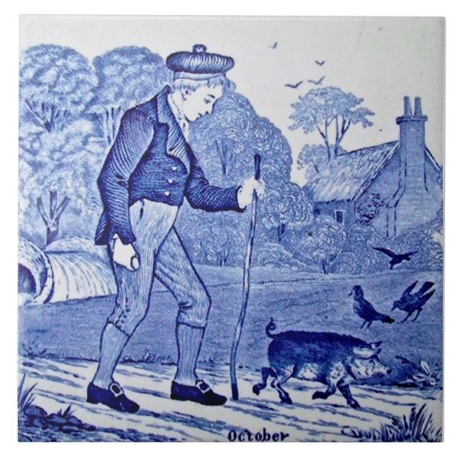 Azulejo De Cerâmica Repro 1879 Série de Calendário Azul Wedgwood outub (Frente)