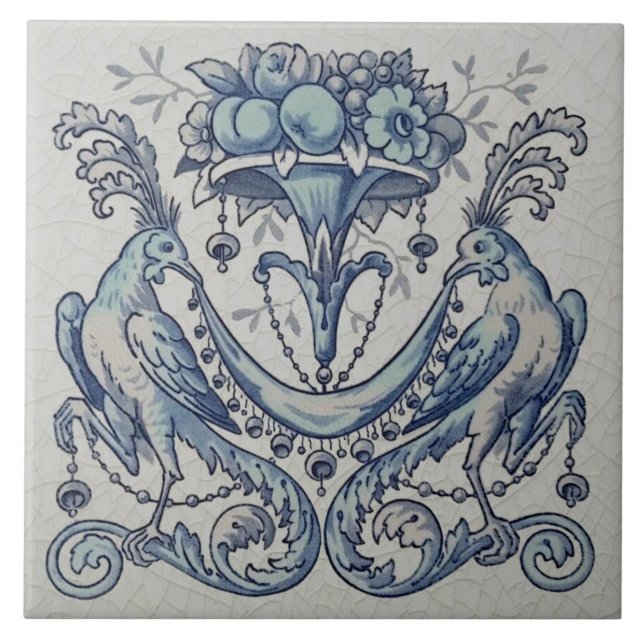 Azulejo De Cerâmica Repro Antique Minton Hollins Birds Fruta Azul (Frente)