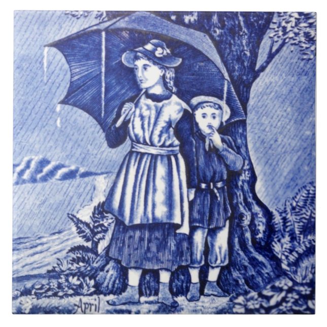 Azulejo De Cerâmica Repro Antique Wedgwood Blue Calendar Series abril (Frente)