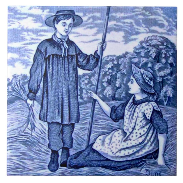 Azulejo De Cerâmica Repro Antique Wedgwood Blue Calendar Series junho (Frente)