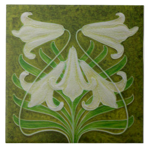 Azulejo De Cerâmica Repro Art Nouveau Páscoa Lily em Verde Mottled