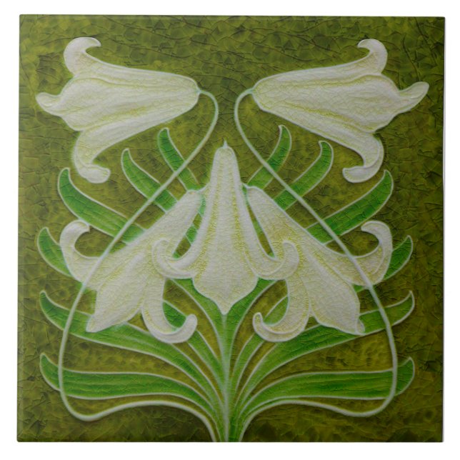 Azulejo De Cerâmica Repro Art Nouveau Páscoa Lily em Verde Mottled (Frente)