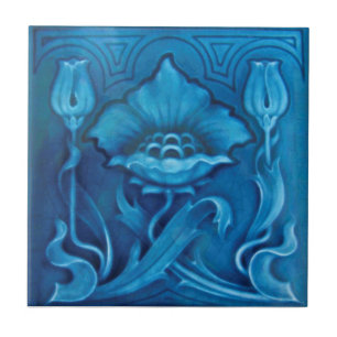 Azulejo De Cerâmica Repro Art Noveau Cerulean Blue Floral Majolica