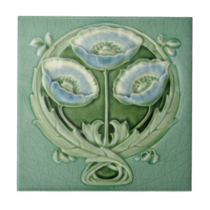 Azulejo De Cerâmica Repro Art Novueau Cápsulas Verdes Azuis Floral