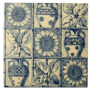 Azulejo De Cerâmica Repro Blue & Buff Sunflower Urns Bamboo Trellis